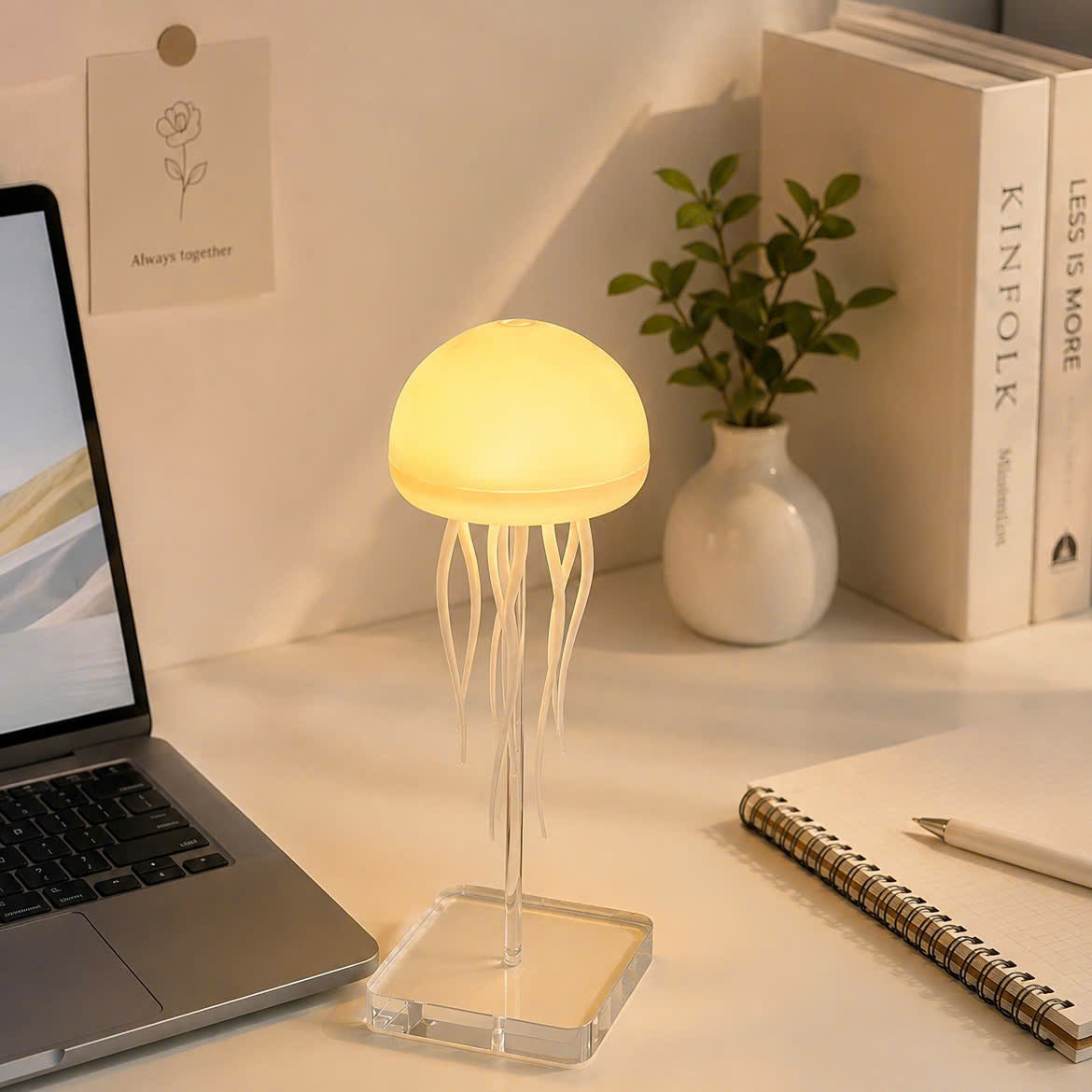 A jellyfish-shaped table lamp with a glowing warm yellow dome and translucent tentacles on a clear acrylic base.
