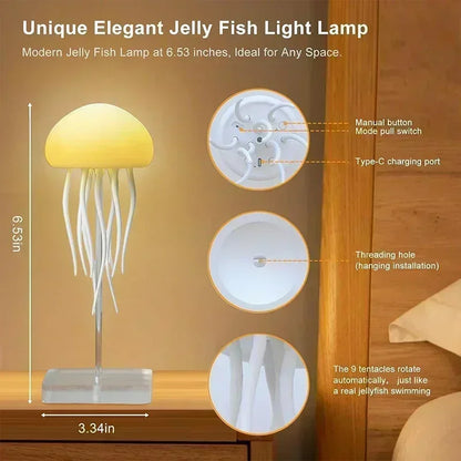 Jellyfish light lamp with specifications on a wooden surface