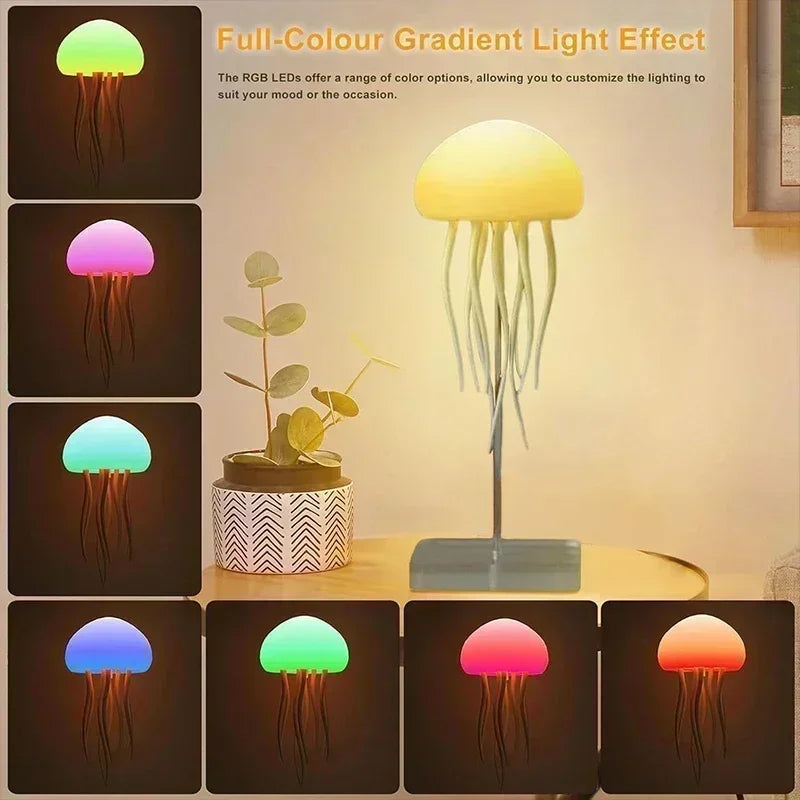 Jellyfish-shaped lamp with RGB LED lights on a table, displaying various color options.