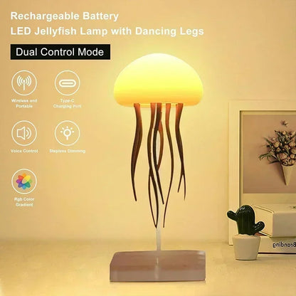 Jellyfish-shaped lamp with yellow light on a table, featuring text about its features.
